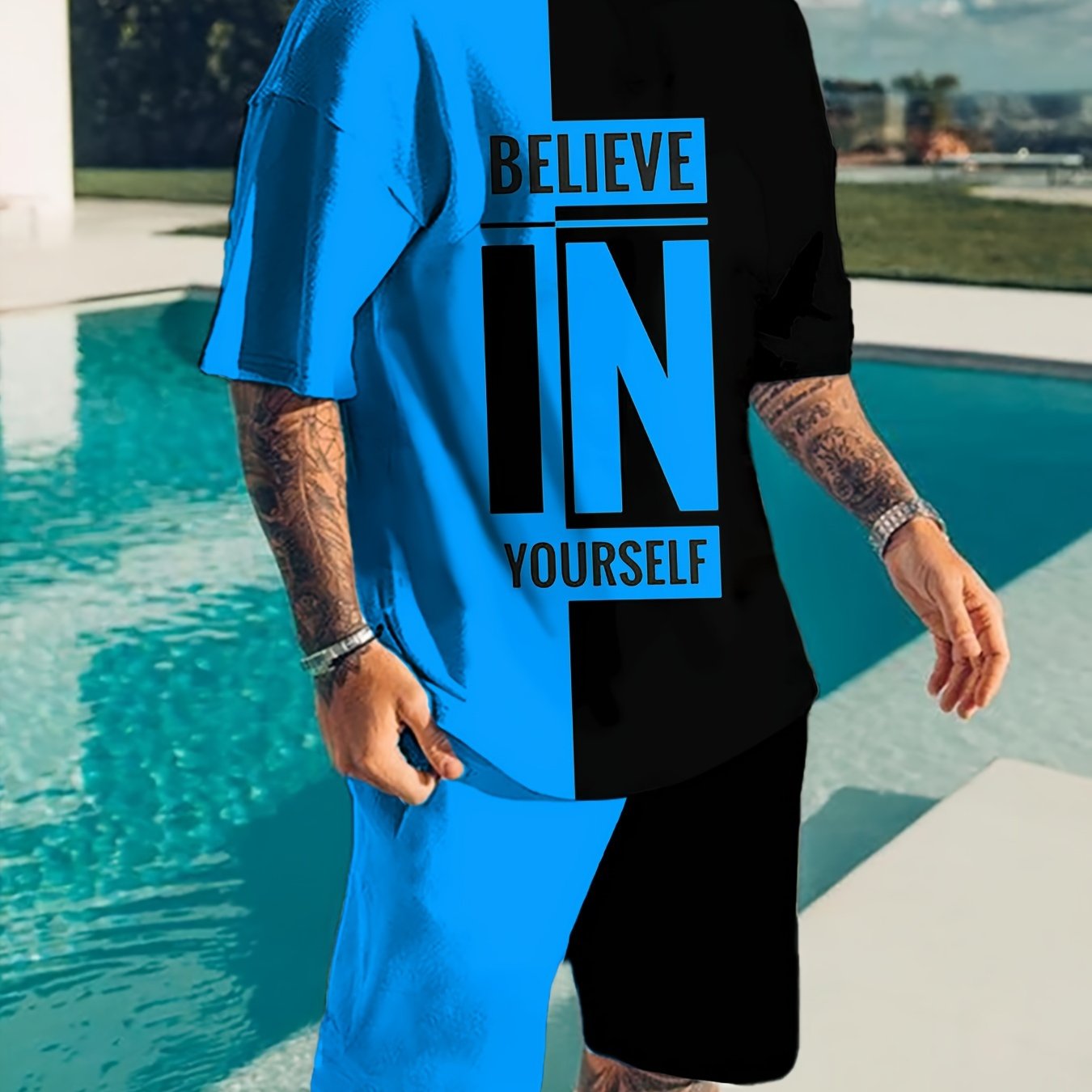 Believe In Yourself Print, Men's 2Pcs Outfits, Casual Crew Neck Short Sleeve T-shirt And Drawstring Shorts Set For Summer, Men's Clothing