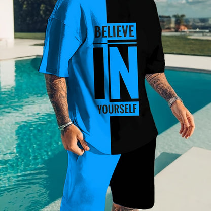 Believe In Yourself Print, Men's 2Pcs Outfits, Casual Crew Neck Short Sleeve T-shirt And Drawstring Shorts Set For Summer, Men's Clothing