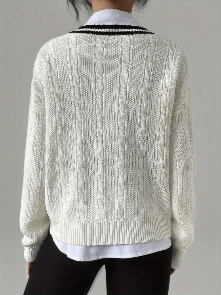 V Neck Cable Knit Pullover Sweater, Casual Long Sleeve Drop Shoulder Sweater, Women's Clothing