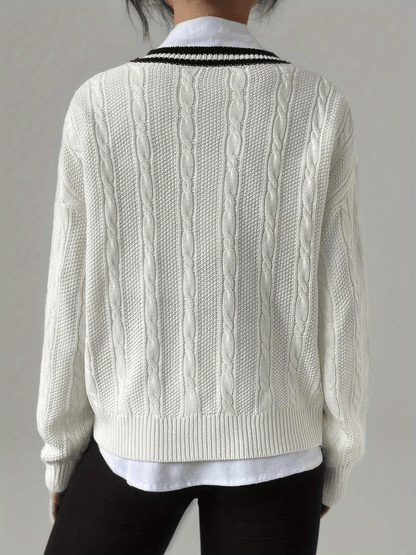 V Neck Cable Knit Pullover Sweater, Casual Long Sleeve Drop Shoulder Sweater, Women's Clothing