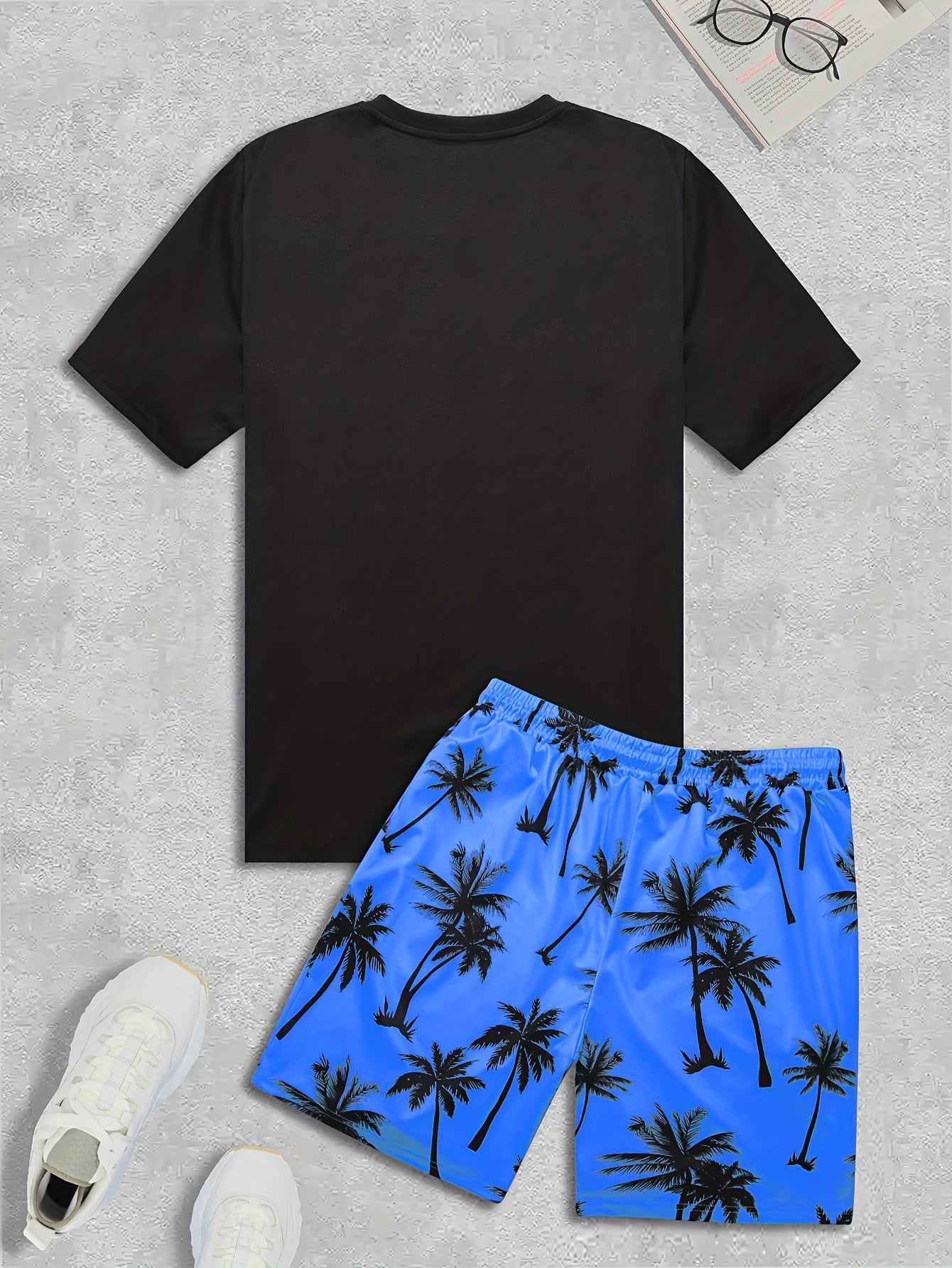 2Pcs Men's Tropical Coconut Tree Print Casual Outfits - Crew Neck Short Sleeve T-shirt & Drawstring Shorts Set - For Summer Vacation & Resorts - Men's Clothing