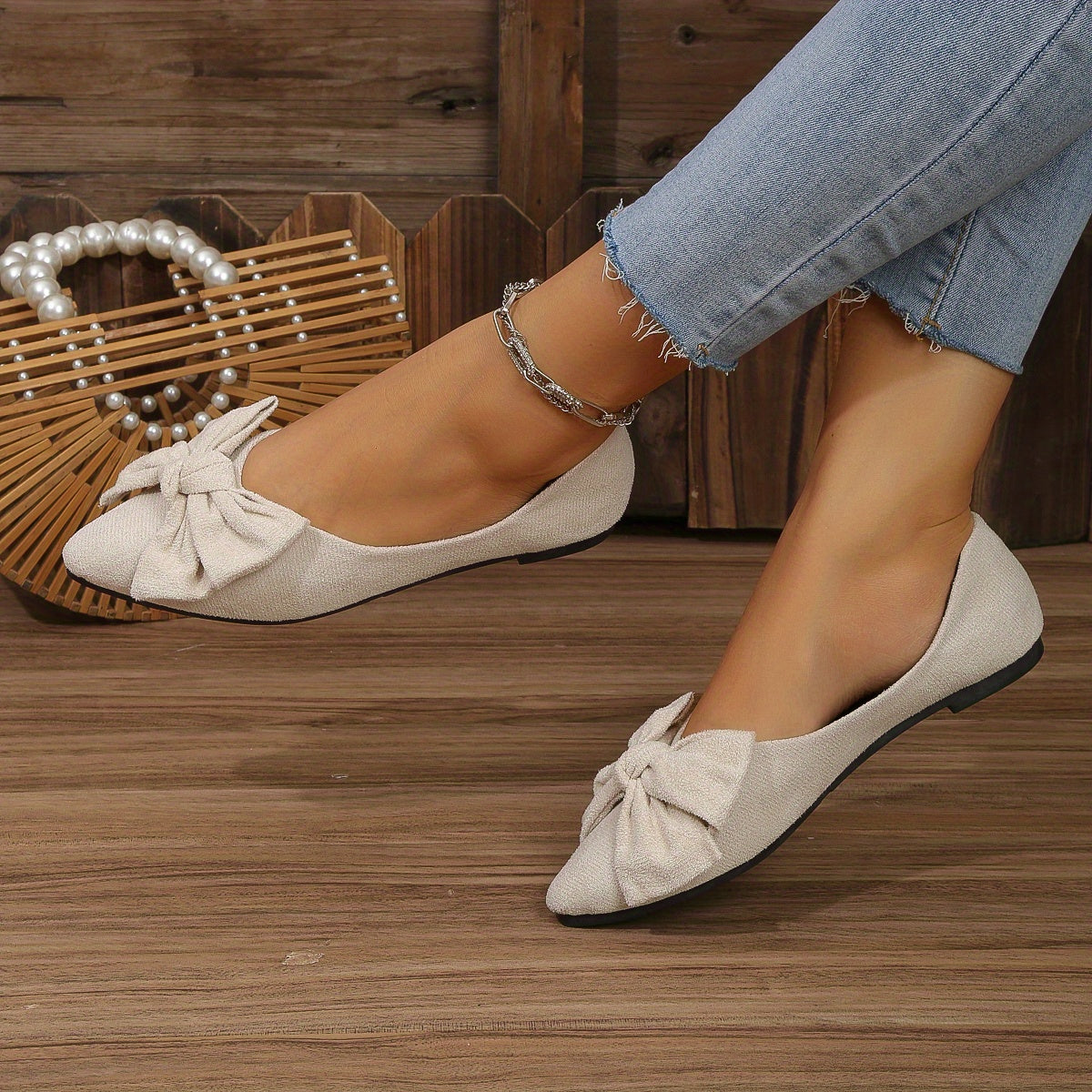 Lightweight Women's Elegant Point Toe Bowknot Decor Flat Shoes, Solid Color Dress Shoes