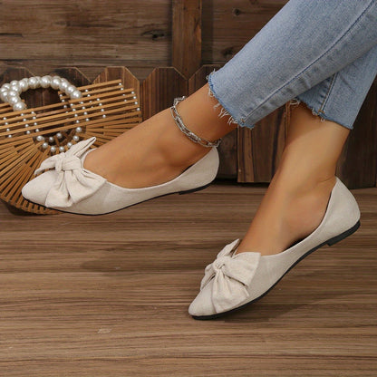 Lightweight Women's Elegant Point Toe Bowknot Decor Flat Shoes, Solid Color Dress Shoes