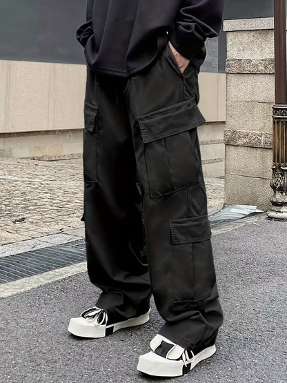 Men's Loose Casual Outdoor Cargo Pants - Multi Flap Pocket Trousers - Trendy Solid Work Pants for Streetwear Hip Hop Style