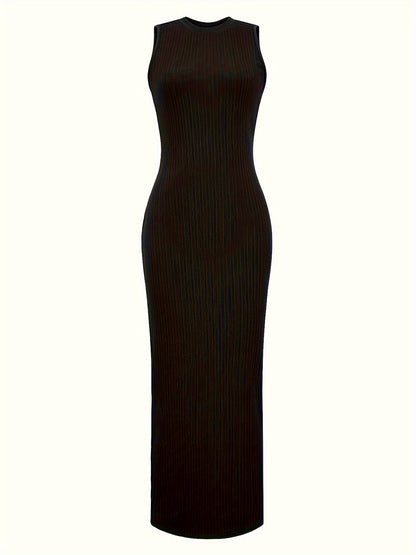 Women's Summer 2023 Fashion Casual Knit Sleeveless Crew Neck Bodycon Pencil Dress, Polyester 95% Spandex 5%, Solid Color Long Length Skinny Fit