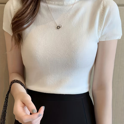 Womens Chic Solid Mock Neck Short Sleeve Knit Sweater - Soft & Breathable - Casual Everyday Style