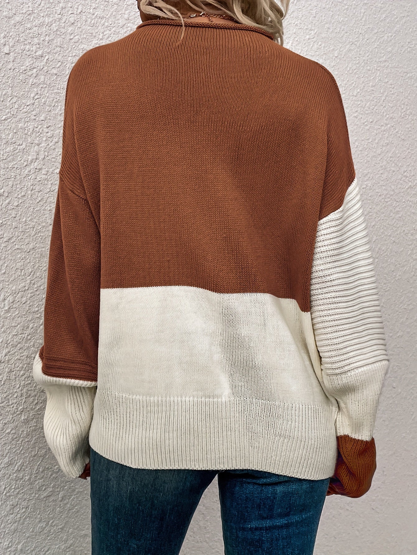 Color Block Loose Pullover Sweater, Elegant Long Sleeve Drop Shoulder Sweater, Women's Clothing