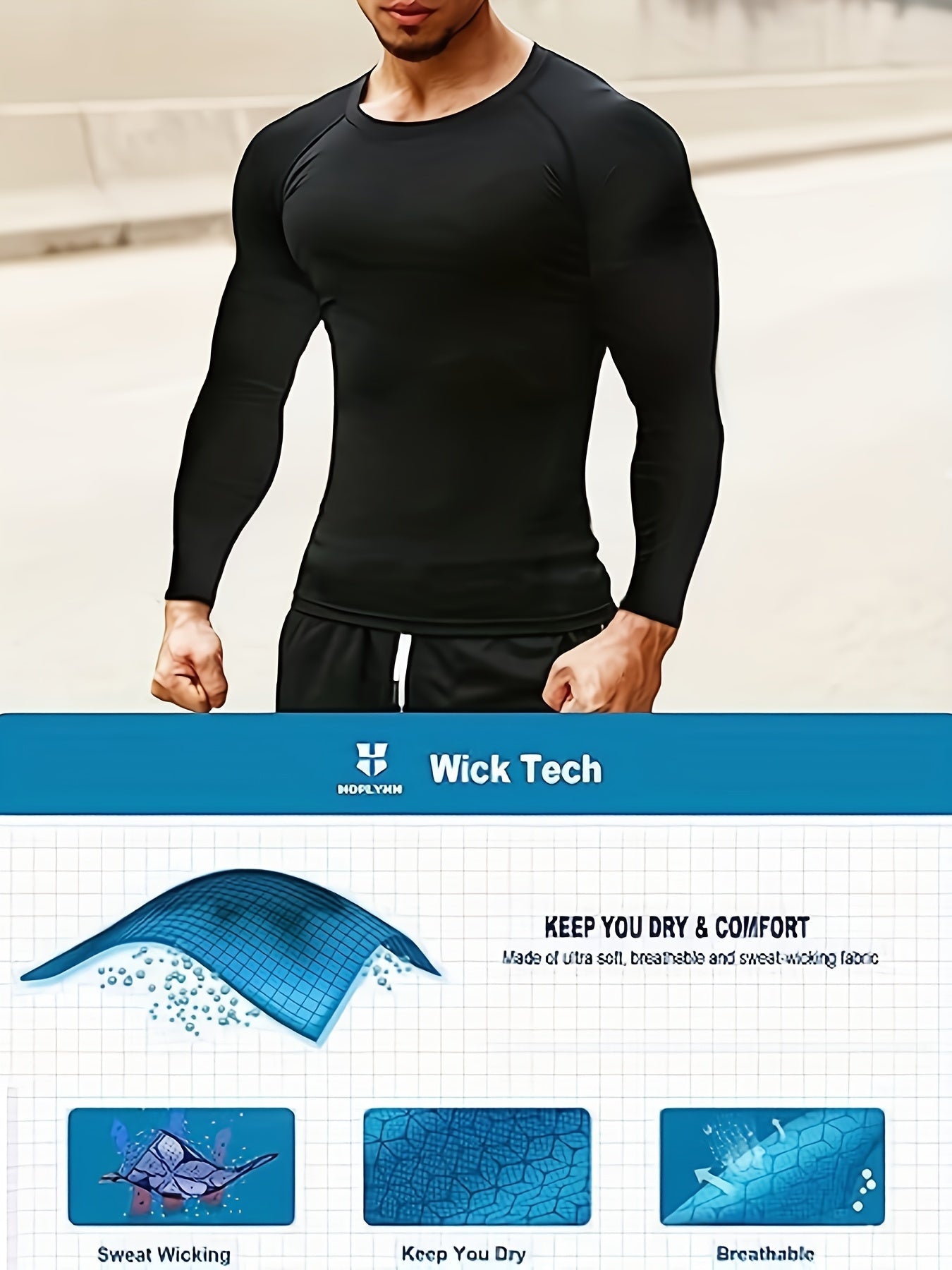 [HOPLYNN Compression Shirts] 5pcs HOPLYNN Men's Compression Shirts - Breathable Polyester Blend, Long Sleeve Athletic Base Layer Tops for Workout & Outdoor Activities, Machine Washable