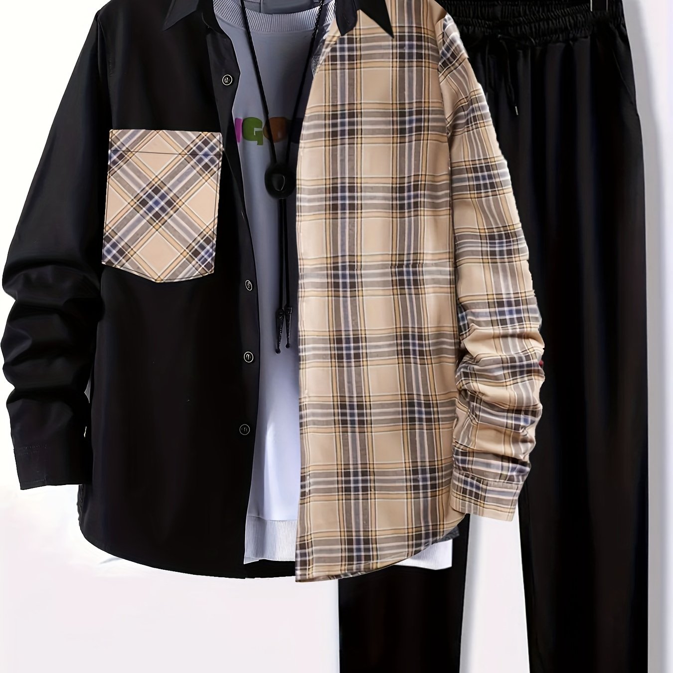 Plus Size Men's Plaid Shirt & Pants Set For Spring/autumn, Oversized Loose Fit 2Pcs Outfits For Workout/outdoor, Men's Clothing