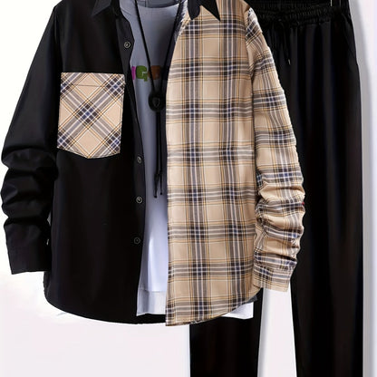 Plus Size Men's Plaid Shirt & Pants Set For Spring/autumn, Oversized Loose Fit 2Pcs Outfits For Workout/outdoor, Men's Clothing