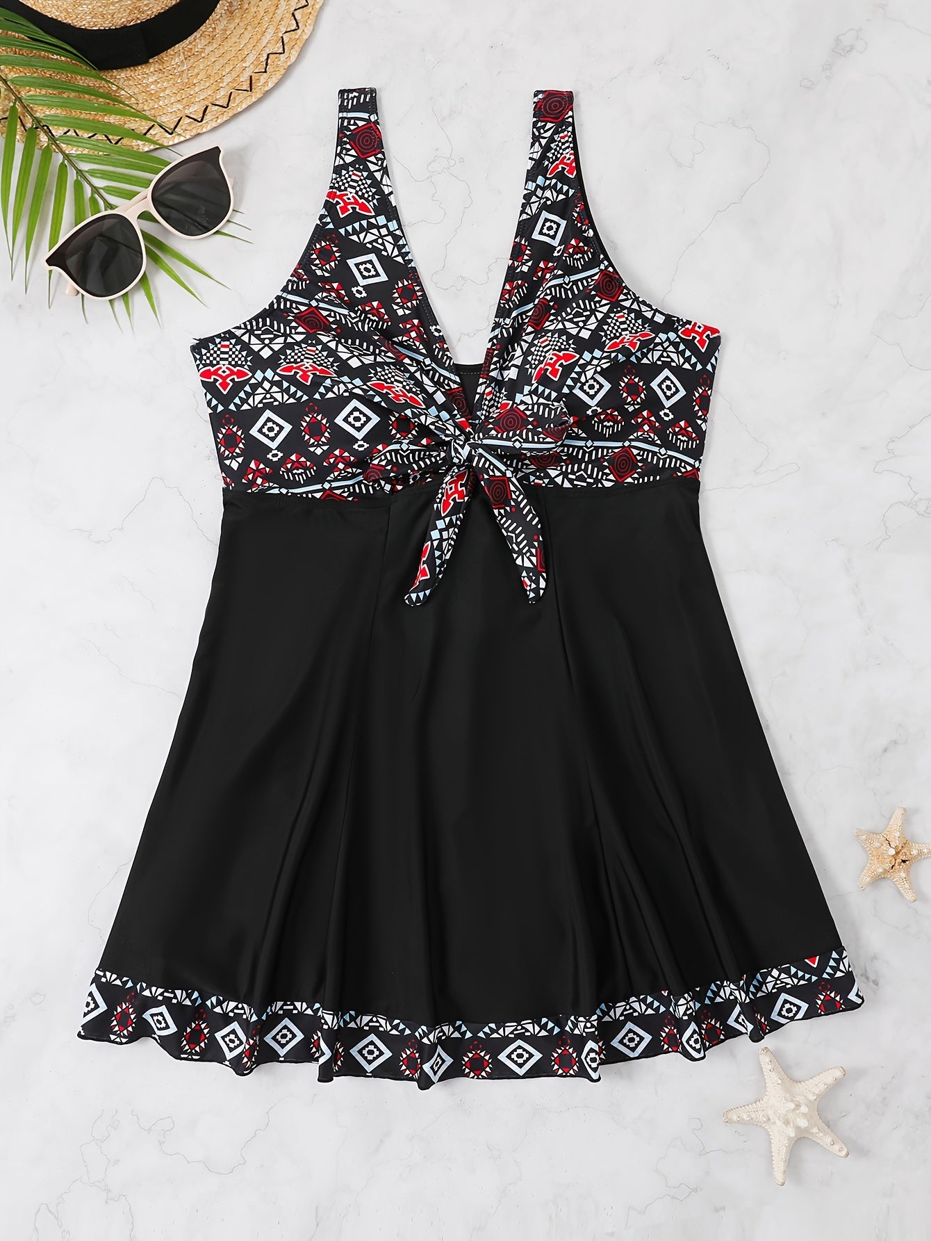 Plus Size Womens Vibrant Floral Print Tie Front V Neck One Piece Swimsuit - High Stretch, Comfortable, Vacation Essential - Polyester Knit Fabric, Random Printing, No Sheer