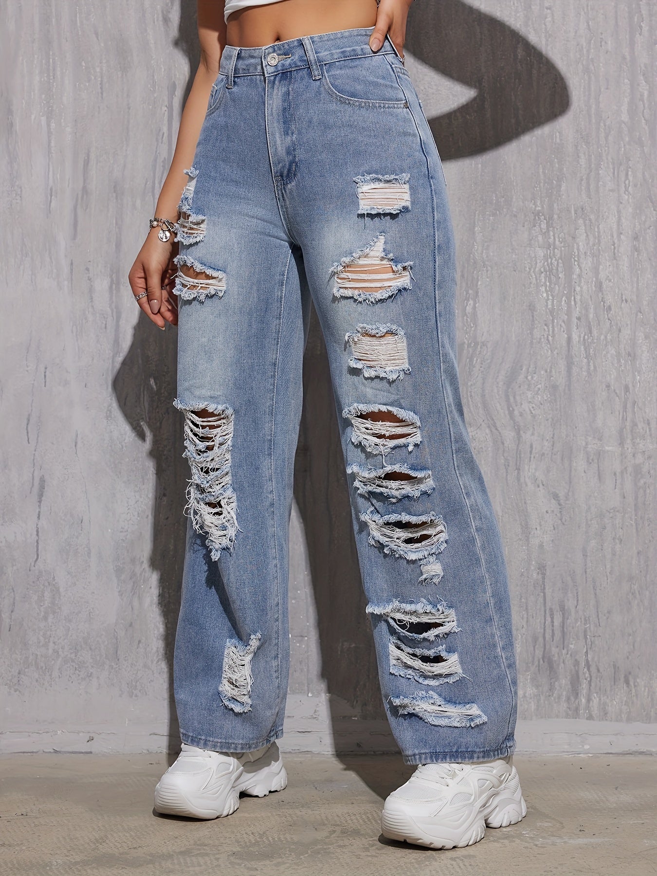 Loose Fit Blue Ripped Hole Straight Leg Jeans - Comfortable Non-Stretch Cotton Blend Denim with Distressed Slant Pockets and Wide Legs - Machine Washable, Casual Style for All Seasons