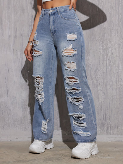 Loose Fit Blue Ripped Hole Straight Leg Jeans - Comfortable Non-Stretch Cotton Blend Denim with Distressed Slant Pockets and Wide Legs - Machine Washable, Casual Style for All Seasons