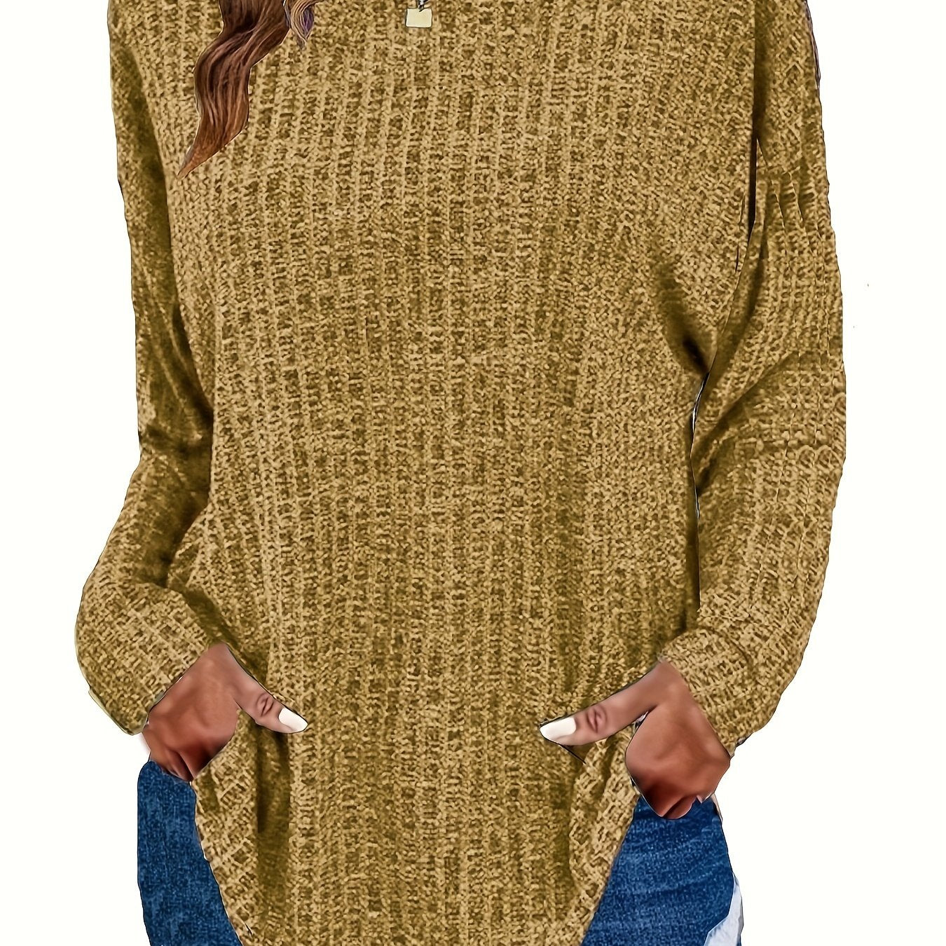 Plus Size Casual Sweater, Women's Plus Solid Ribbed Long Sleeve Round Neck Knit Top