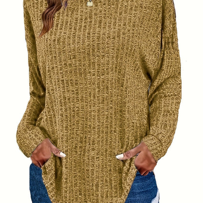 Plus Size Casual Sweater, Women's Plus Solid Ribbed Long Sleeve Round Neck Knit Top