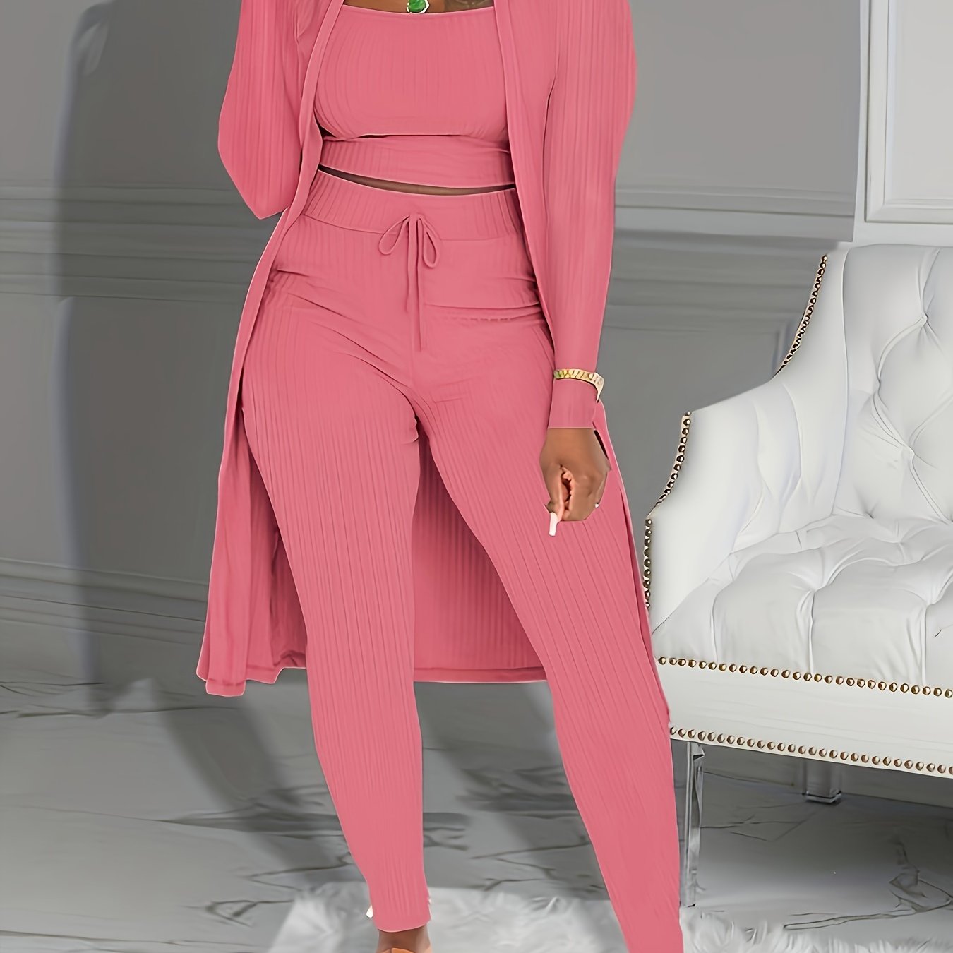 Casual Ribbed 3pcs Set, Crop Tank Top + High Waist Drawstring Pants + Longline Cardigan Outfits, Women's Clothing