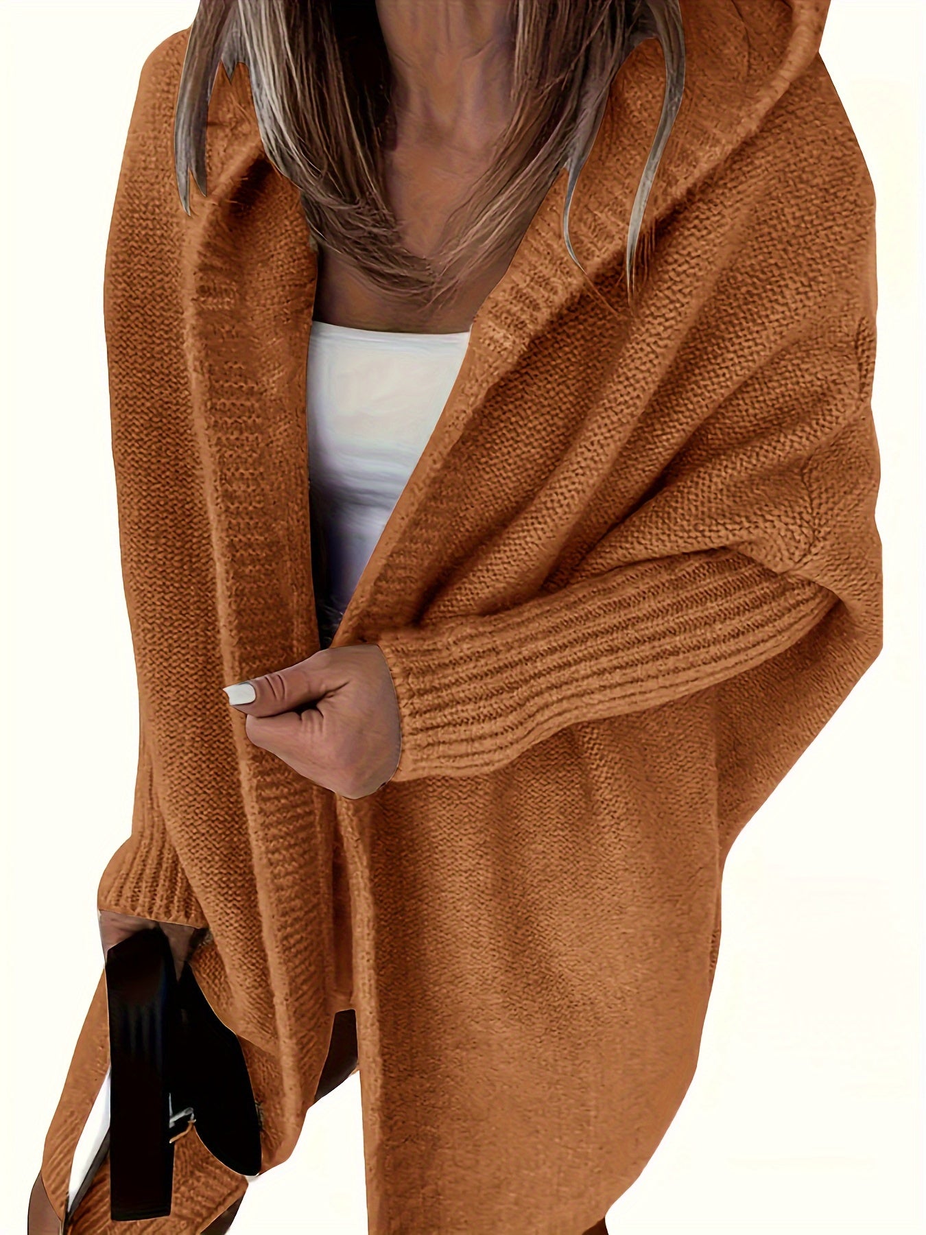 Plus Size Casual Cardigan, Women's Plus Solid Stitching Long Sleeve Hooded Open Front Slight Stretch Sweater Cardigan