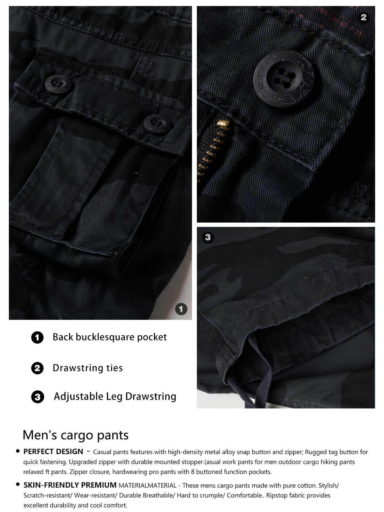 Mens Camo Cargo Pants - Loose Fit, Multi Flap Pockets, Zipper Fly, Cotton Fabric, Machine Washable - Perfect for Outdoor Activities, Weekend Casual, Hiking, Fishing, Angling, Streetwear