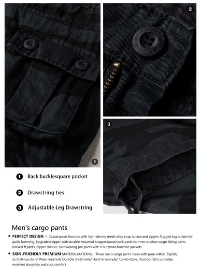 Mens Camo Cargo Pants - Loose Fit, Multi Flap Pockets, Zipper Fly, Cotton Fabric, Machine Washable - Perfect for Outdoor Activities, Weekend Casual, Hiking, Fishing, Angling, Streetwear