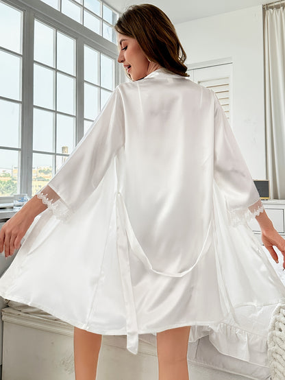 Luxurious Satin Robe Set for Women - Long Sleeve, V Neck, Side Split, Belted, Micro Elastic, Solid Color, Elegant Loungewear for Fall/Winter - Soft, Comfortable, and Cozy Sleepwear