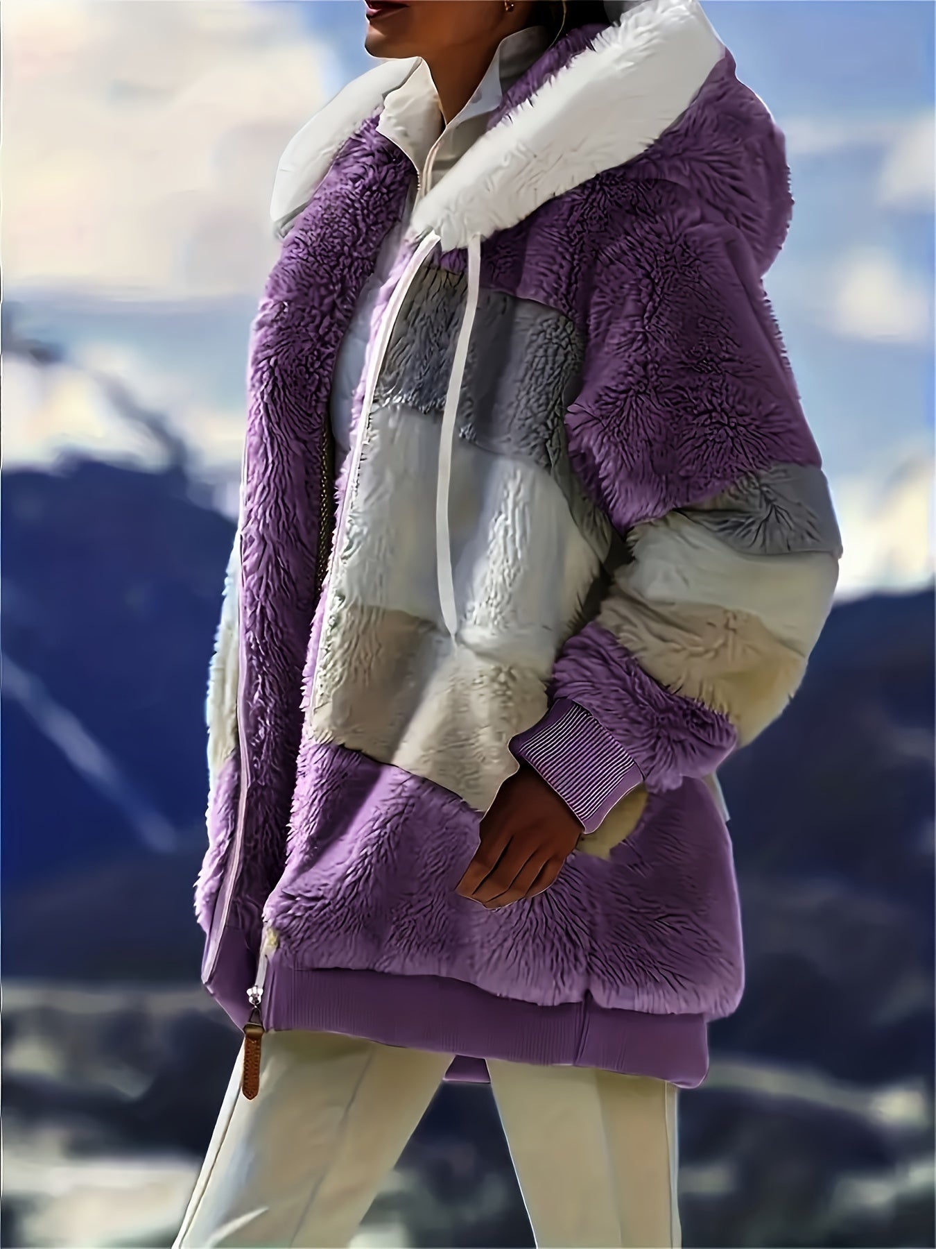 Ultra-Soft Color Block Fuzzy Hooded Coat - Stylish Winter Warm Outerwear with Full-Length Sleeves - Perfect for Casual Wear - Womens Clothing