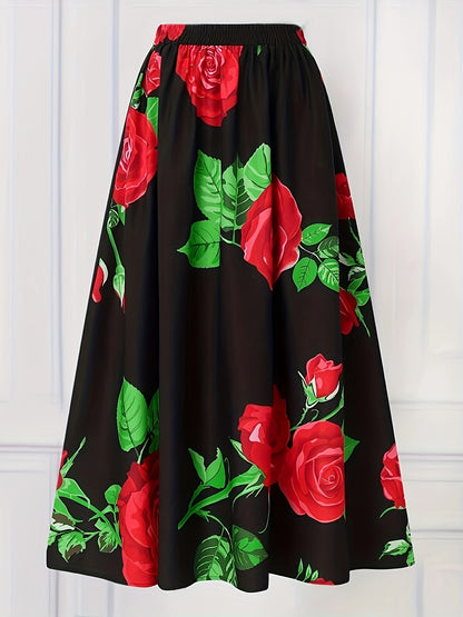 Plus Size Elegant Skirt, Women's Plus Floral Print Elastic High Rise Slight Stretch A-line Maxi Skirt