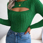 Long Sleeve High Stretch Acrylic Blend Women's Sexy Hollow-Out Knit Pullover Sweater, Skinny Fit, Solid Color, Spring/Fall Fashion Top, Crew Neck, Polyester 28%, Polyamide 22%, Viscose 28%