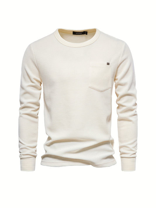 Men's Casual Comfy Long Sleeve Waffle T-shirt, Men's Graphic Clothes For Spring Summer Autumn, Tops For Men, Gift For Men