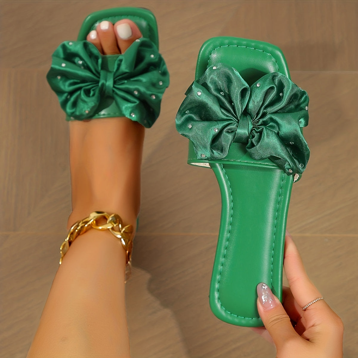 Fashionable Bowknot Slide Sandals - Solid Color Square Toe, Slip-On & Non-slip - Ultra-Flat, Lightweight for Effortless Summer Beach Wear