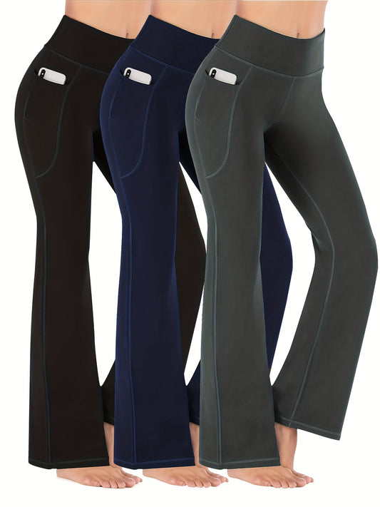 High-Waist Stretch Yoga Leggings with Pockets - Durable, Flare-Wide Leg, Non-Sheer Sports Pants for All Seasons