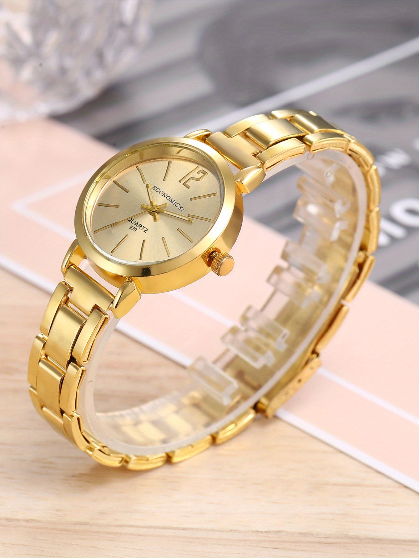 1pc/2pcs/set Women's Watch Hiphop Golden Fashion Quartz Watch & Love Bangle, Valentines Gift For Her