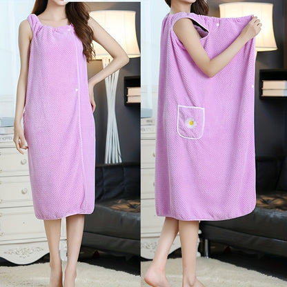 1pc Absorbent Flower Pattern Bath Towel with Pockets for Women - Quick Drying Spa Wrap and Sauna Kilt - Long Bathrobe Skirt for Adults - Bathroom Supplies and Accessories