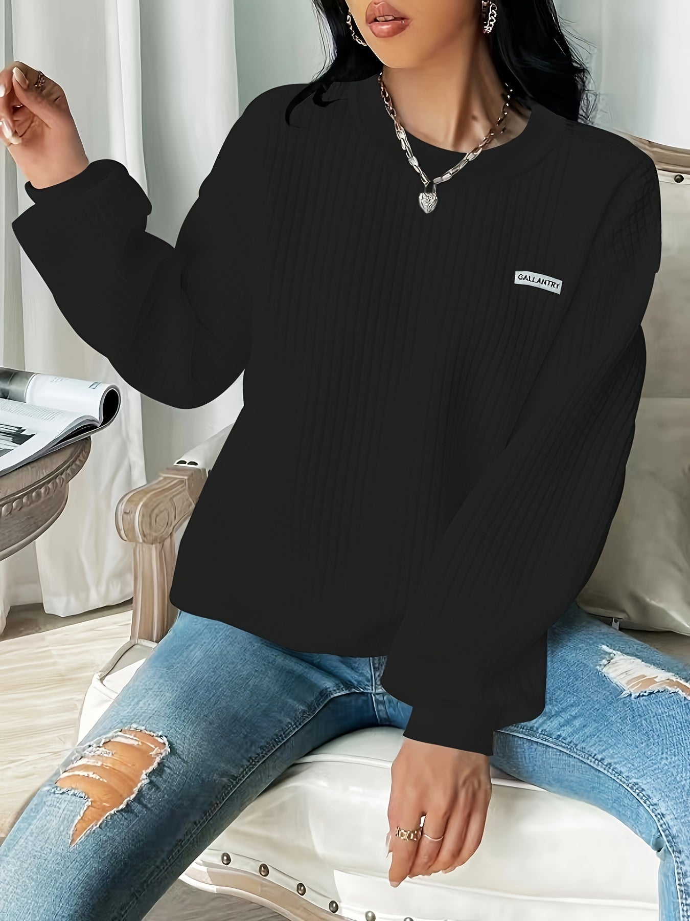 Waffle Loose Sweatshirt, Casual Long Sleeve Crew Neck Sweatshirt, Women's Clothing