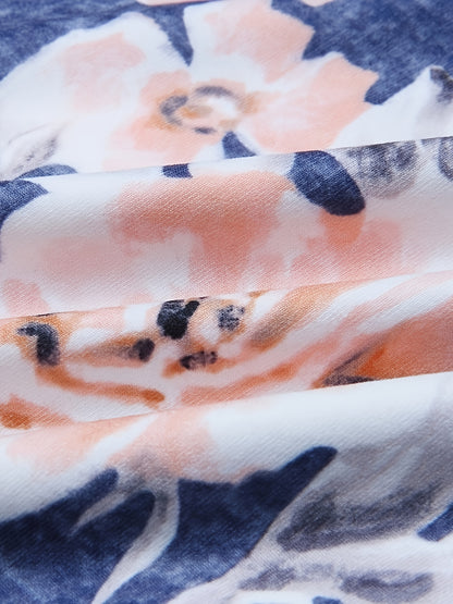 Plus Size Floral Print High Rise Drawstring Long Pants, Women's Plus Slight Stretch Loose Casual Pants