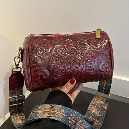 Boho-Chic Floral Embossed Crossbody & Shoulder Bag for Women | Elegant Retro Charm with Secure Zipper Closure, Perfect for Every Occasion