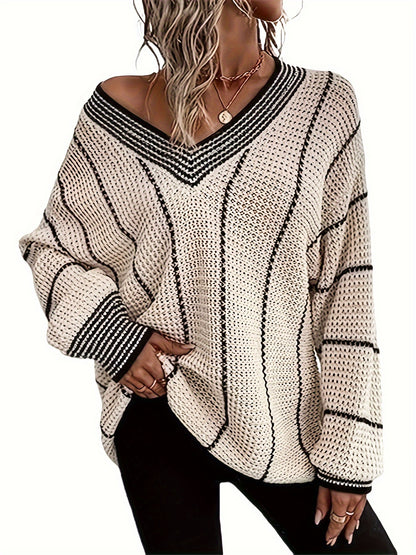 Striped V Neck Oversized Sweater, Casual Long Sleeve Comfy Sweater, Women's Clothing