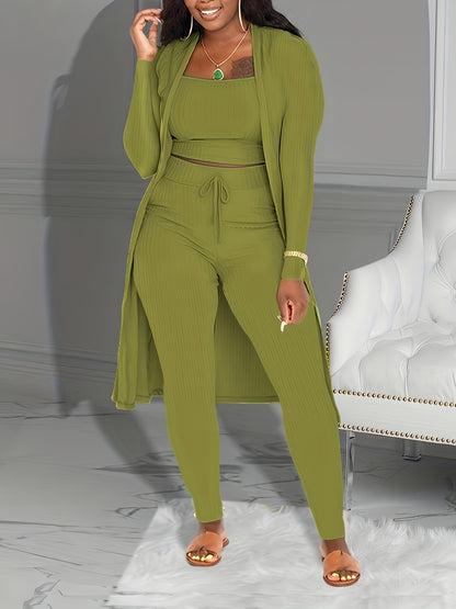 Casual Ribbed 3pcs Set, Crop Tank Top + High Waist Drawstring Pants + Longline Cardigan Outfits, Women's Clothing
