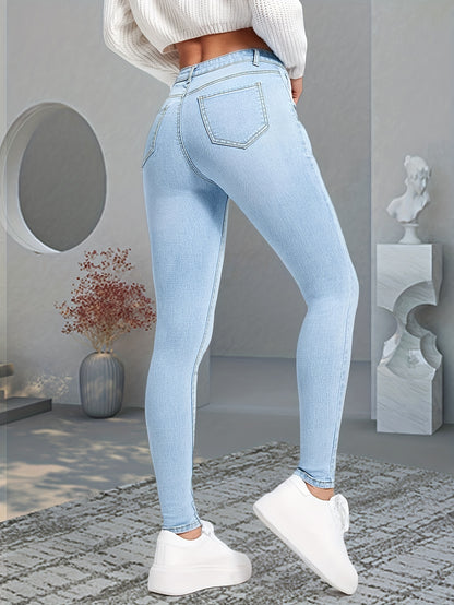 Blue Slim Fit Skinny Jeans, Slim Fit High-Stretch Slant Pockets High Rise Denim Pants, Women's Denim Jeans & Clothing