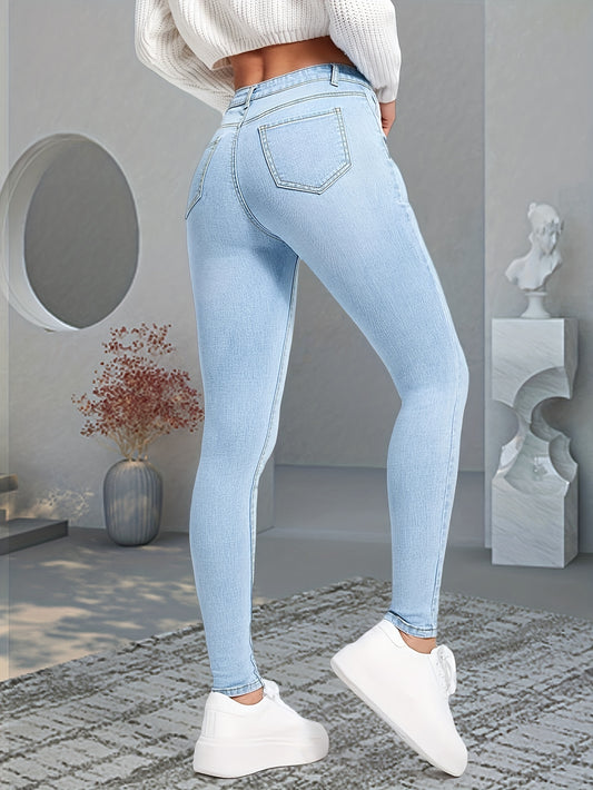 Blue Slim Fit Skinny Jeans, Slim Fit High-Stretch Slant Pockets High Rise Denim Pants, Women's Denim Jeans & Clothing