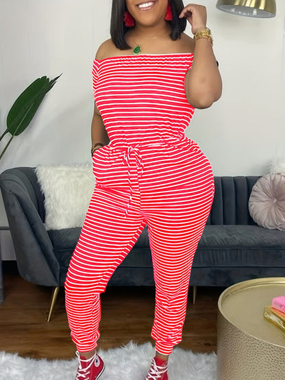 Striped Off Shoulder Drawstring Jumpsuit, Casual Short Sleeve Slim Jumpsuit For Spring & Summer, Women's Clothing