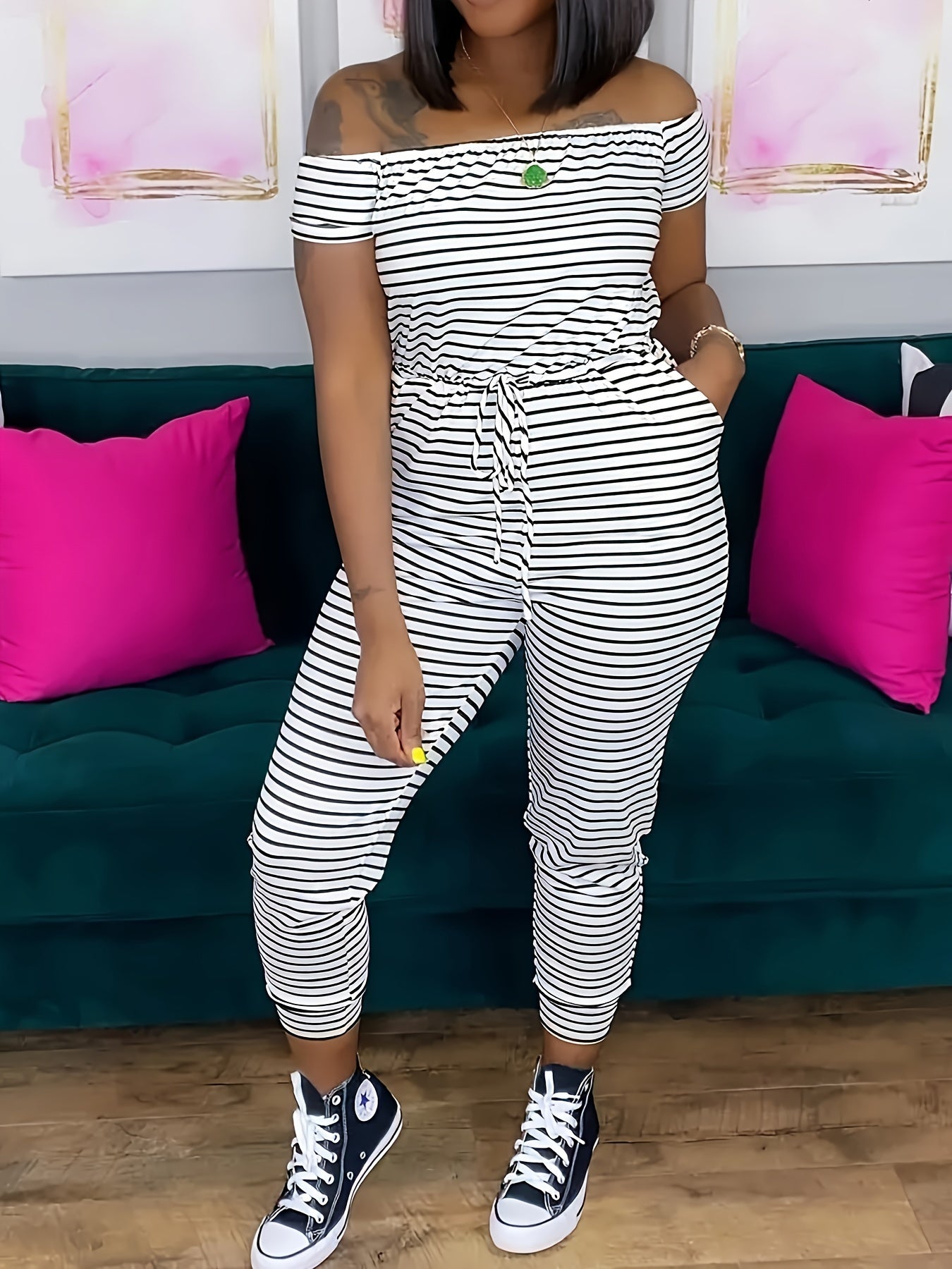 Striped Off Shoulder Drawstring Jumpsuit, Casual Short Sleeve Slim Jumpsuit For Spring & Summer, Women's Clothing