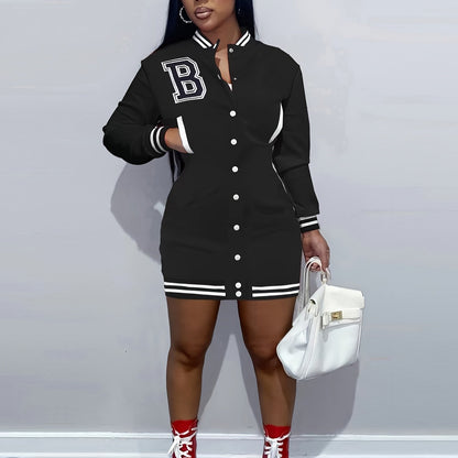 Womens Chic Letter Pattern Mini Dress - Versatile Button Front, Long Sleeve Slim Fit - Stylish Everyday Clothing