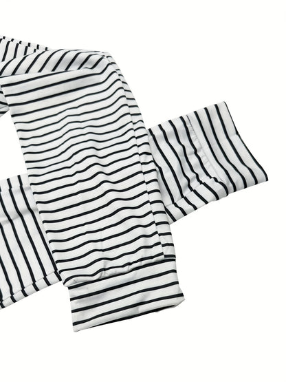 Striped Off Shoulder Drawstring Jumpsuit, Casual Short Sleeve Slim Jumpsuit For Spring & Summer, Women's Clothing