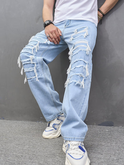 Men's Straight Leg Jeans, Casual Street Style Raw Trim Denim Pants With Pockets