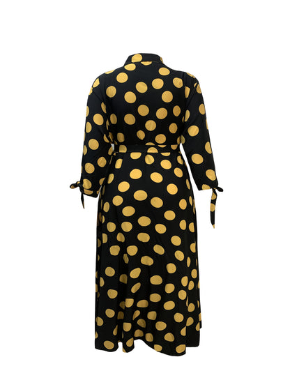 Elegant Plus Size Polka Dots Print Maxi Dress - Women's Button Up Collared Belted