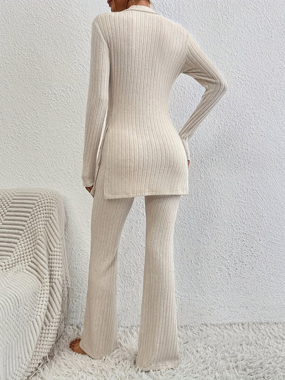 Solid Ribbed Lounge Set, Long Sleeve Side Split Top & Elastic Waistband Pants, Women's Loungewear & Sleepwear