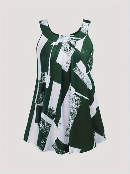 Plus Size Round Neck Colorblock Curved Hem Casual Tank Top