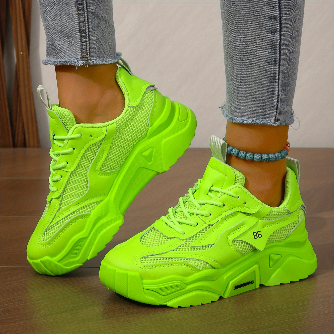 Breathable Platform Mesh Sneakers - Women's Solid Color Lace Up Sporty Trainers - Versatile Low-top Casual Shoes for Holiday