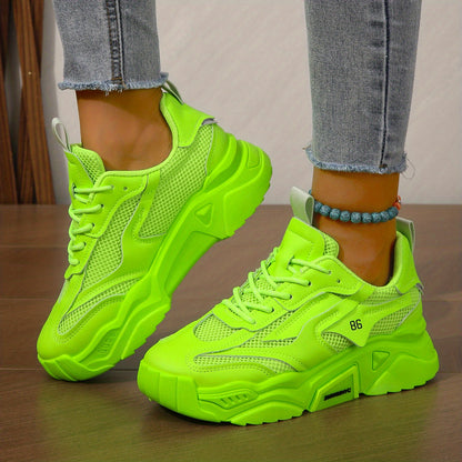 Breathable Platform Mesh Sneakers - Women's Solid Color Lace Up Sporty Trainers - Versatile Low-top Casual Shoes for Holiday