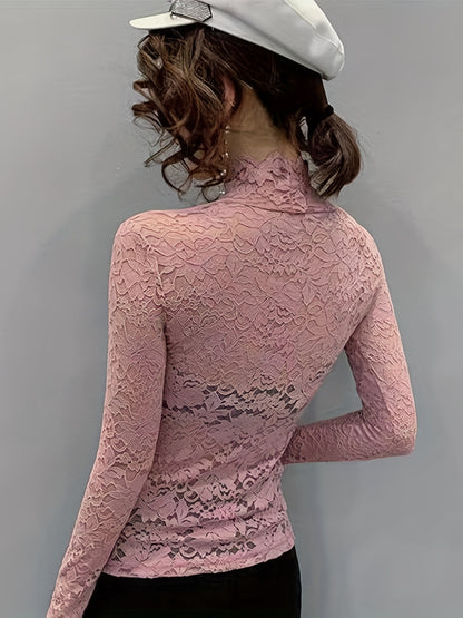 Sexy Lace Mock Neck Long Sleeve Slim Fit Top - Flattering, Breathable, and Comfortable for Spring and Fall - Women's Stylish Clothing for Everyday Wear